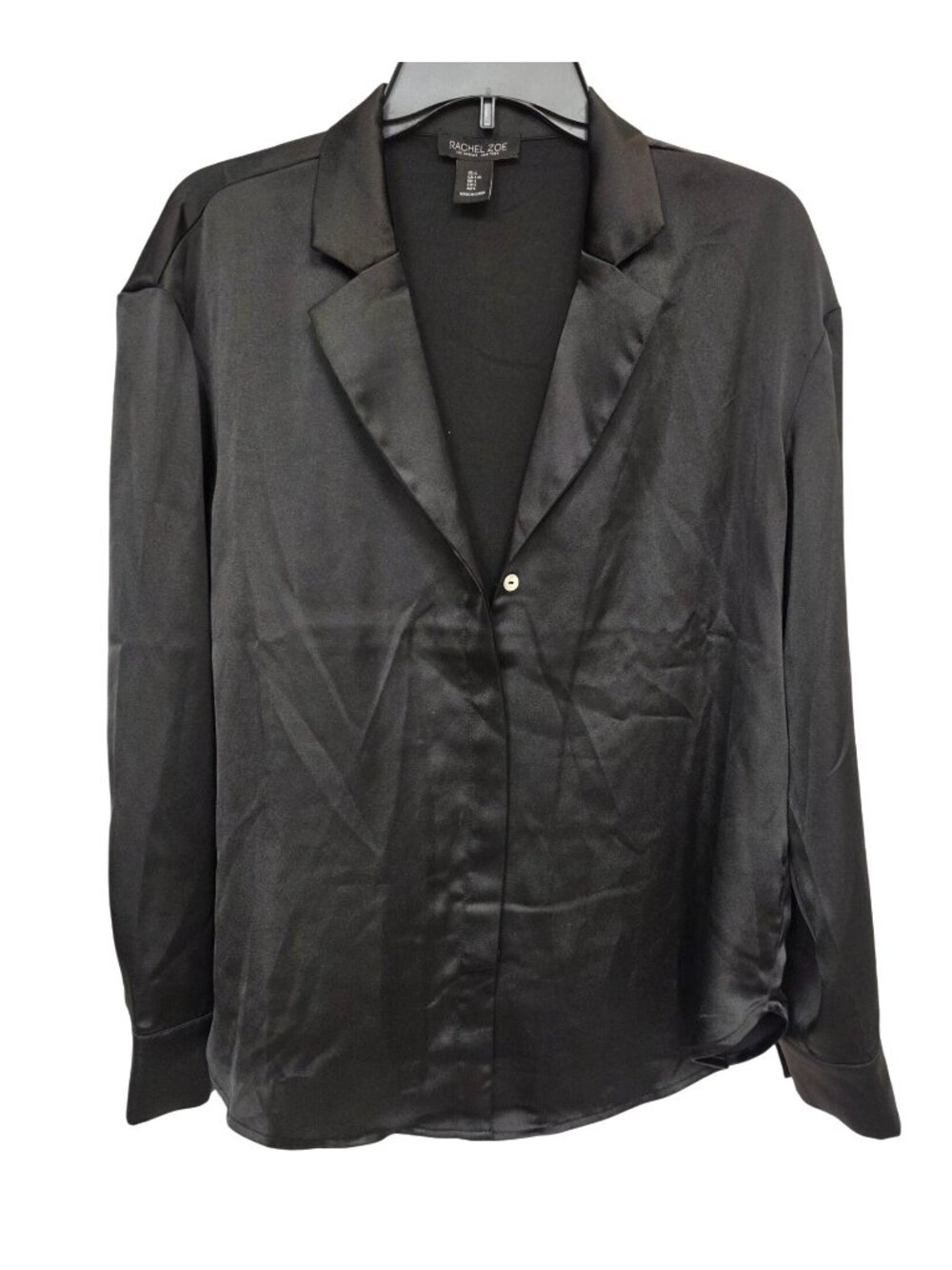Rachel Zoe Black Satin Blouse Womens L Notched Collar Long Sleeve Button Front